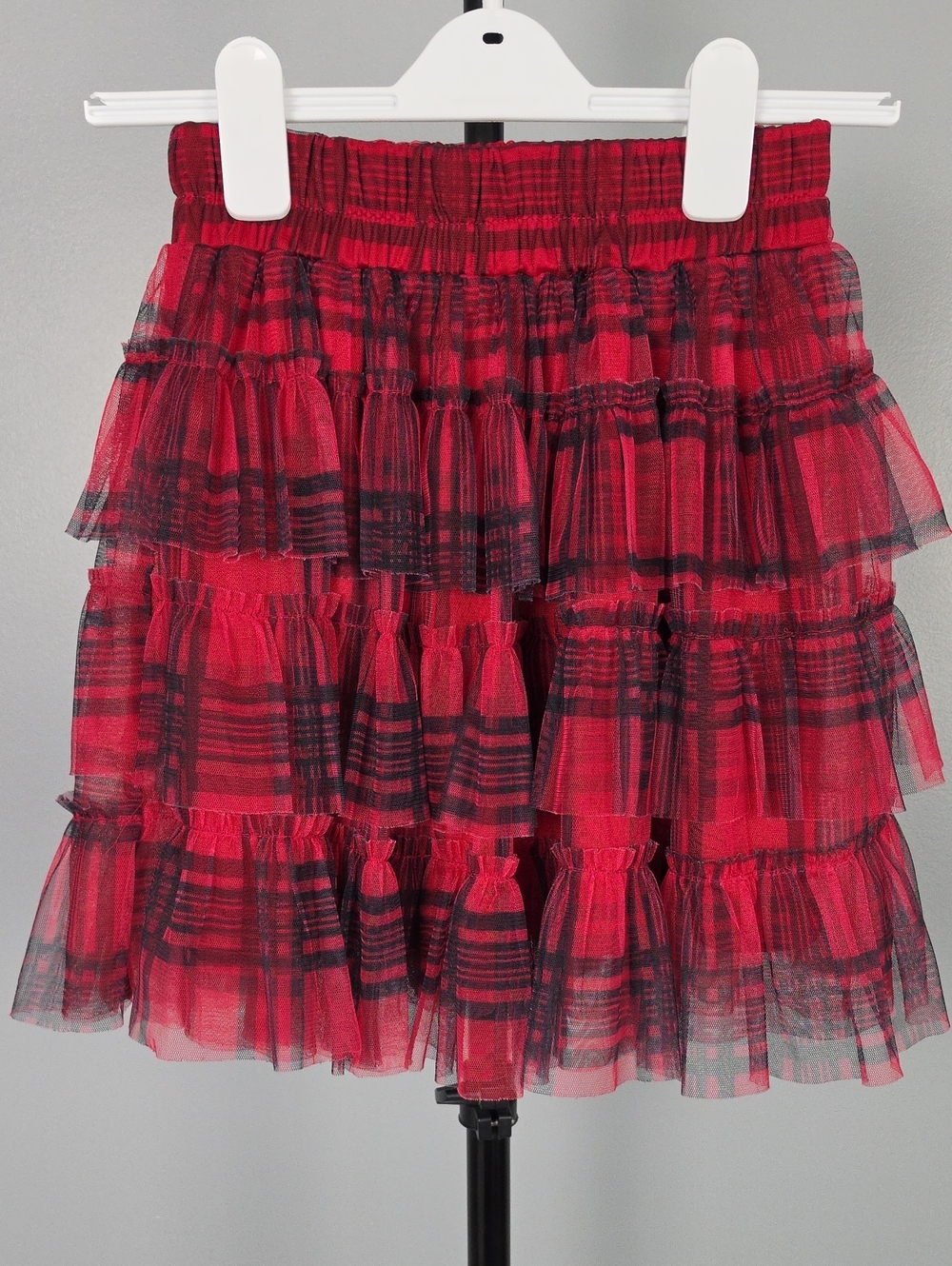Blue Rain x Francesca's Red Plaid Tulle Tiered Ruffle Mini Skirt- Size M